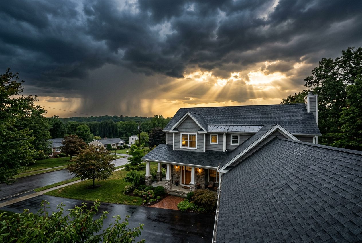 Home with a new roof under a dramatic sky in Bucks County